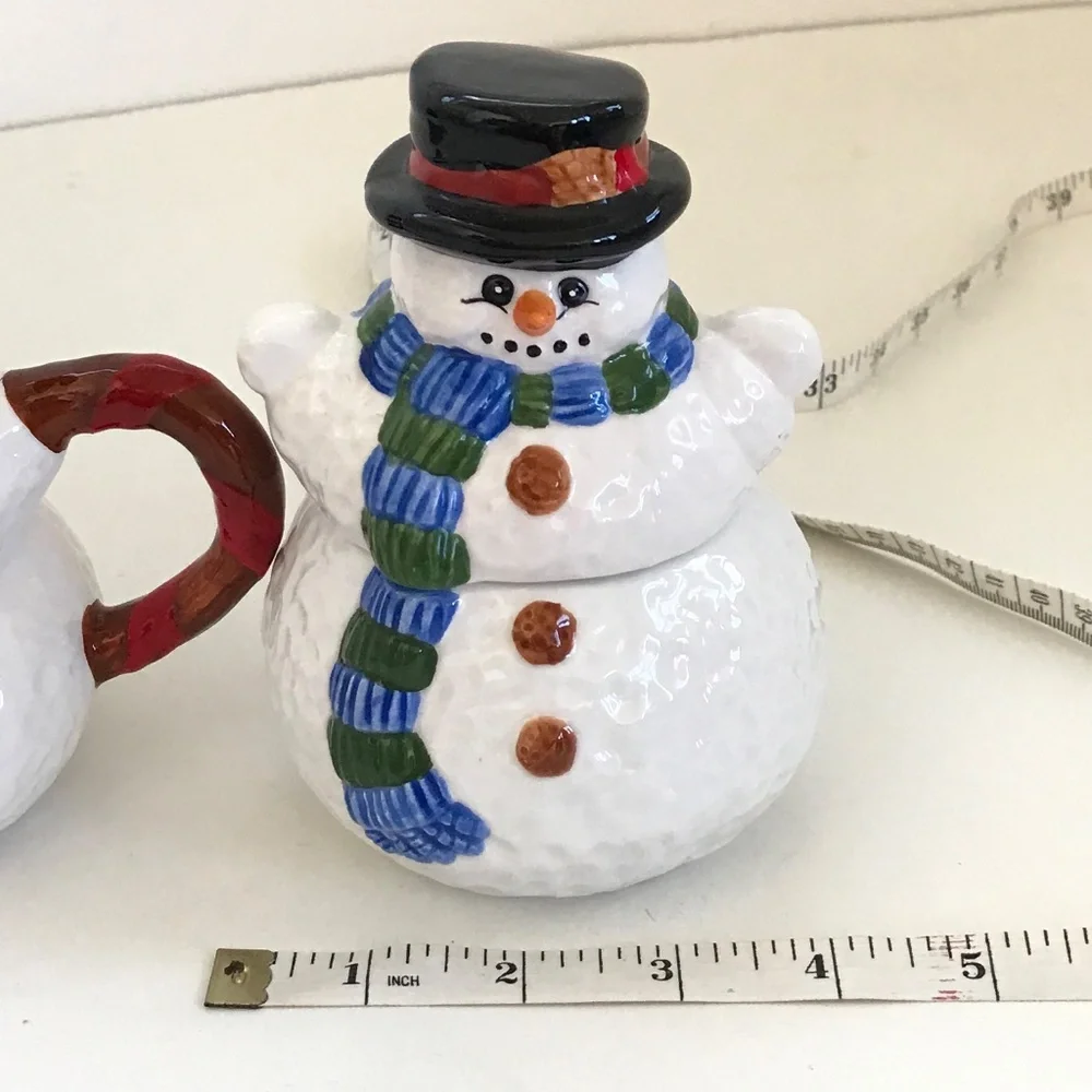 4 Piece Set Sugar Creamer Salt Pepper Holiday Winter Snowman Ceramic